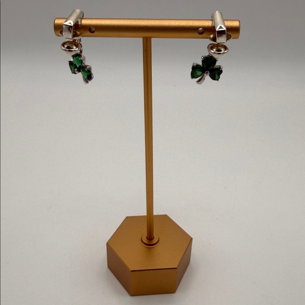 Shan Gre 925 Silver & Green Glass 3 Leaf Clover Drop Earrings - Picture 5 of 9